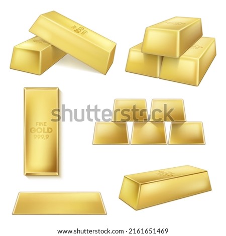 Collection realistic golden bars front side top view vector illustration. Set gold stack banking financial success symbol of richness heavy currency investment commercial profit savings