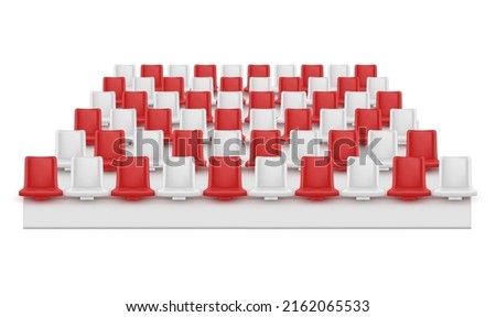 Realistic white and red tribune at stadium rows vector illustration. Arena seats audience chair public competition event sit isolated. Plastic place section for comfortable looking match sports game Foto stock © 