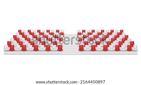 Realistic empty sports white and red grandstand vector illustration. Stadium seat spectators arena for competition tournament contemplating game playing isolated. Amphitheater audience seating Foto stock © 
