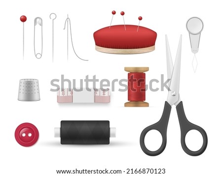 Sewing equipment set realistic template design vector illustration. Collection needlework tools needles scissors pin measure thimble thread cushion isolated. Embroidery handiwork hobby