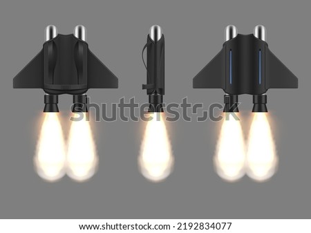 Jetpack launching with yellow fire flame futuristic device for flying front side back view set realistic vector illustration. Jet pack turbo engine with wings for military superhero astronaut pilot