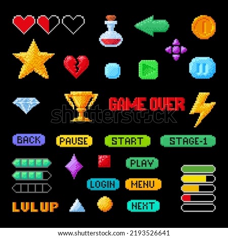 Pixel game virtual buttons set vector illustration. Navigation and notation elements gaming interface menu arrow start play back next. Achievement and levels selection console controller symbols