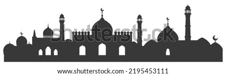 Muslim cityscape black monochrome silhouette background vector illustration. Islamic city skyline with mosque and minaret Arabic architecture panorama. Oriental building landmark Eastern religion