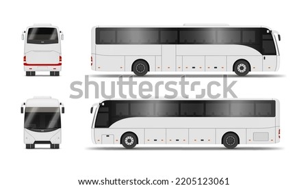 White scheduled bus front back side view set realistic vector illustration. Urban intercity public transport for passenger transportation. Express municipal vehicle city travel with wheels and windows