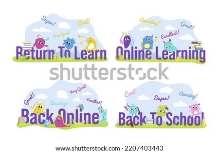 Return to learn childish banner with funny monsters and place for text vector isometric illustration. Back to school educational holiday background aliens character and textbooks at summer landscape