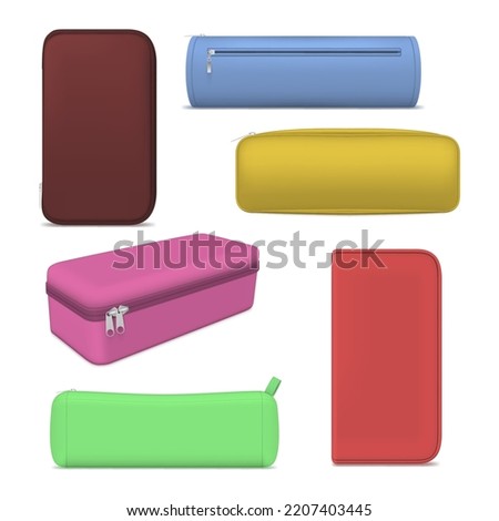 Pencil case different color and shape set realistic vector illustration. Educational accessory container with zipper for stationery storage and carrying. Closed decorative office pupil accessories