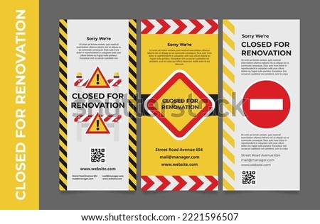 Closed for renovation attention poster set vector illustration. Repair restoration warning message placard exclamation road sign. Temporary closing notification information forbidden industrial zone