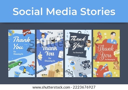 Thank you for choosing us social media stories template set vector illustration. Car washing service business warehouse medical clinic veterinary internet advertising thankfulness expression message