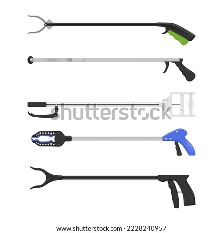 Grabbers device for elderly disabled people set realistic vector illustration. Pick up tool mobility assistance contraption with hook tongs for grip taking with handle. Staff stick long reach grabber