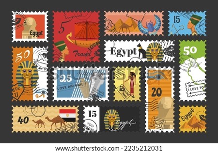 Egypt vintage mail post stamp set vector flat illustration. Letter parcel delivery postage mark paper sticker accessory design antique pyramid camel pharaoh. Travel location postal label collection