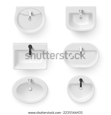 Sink with faucet and drain bathroom sanitary hygiene different shape top view set realistic vector illustration. Ceramic basin plumbing for bath room washing hygienic washroom household tab sanitation