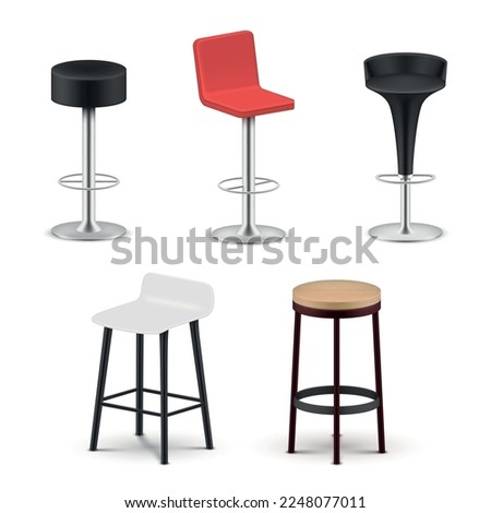 Bar chairs different shape color sitting at home cafe bar set realistic vector illustration. High stool on legs and rotation metallic wooden plastic furniture for seat comfortable indoor furnishing
