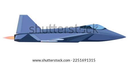Fighter aircraft flying plane with burning flame from exhaust pipe side view isometric vector illustration. Attack aeroplane battle fighter military jet army airforce airline war bomber with missile