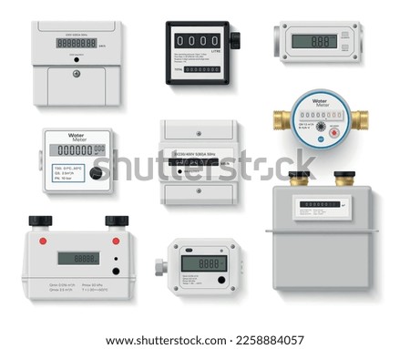 Household and industrial meter set realistic vector illustration. Gas water electric power equipment supply control measurement panel efficient consumption scale current flow check accounting rate