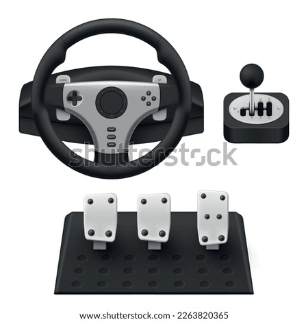 Game steering wheel with pedal and gearbox transmission virtual reality playing set 3d icon realistic vector illustration. VR car drive simulator gaming entertainment equipment wireless controller