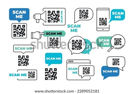 Scan me line badge icon QR code pointer customer payment information set vector illustration. Matrix code for contactless online payment transaction with hand speech bubble quick tips mobile barcode