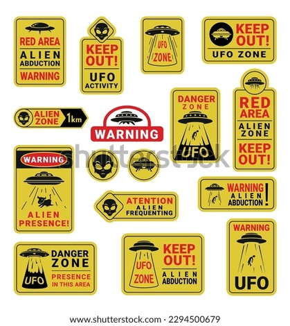 Warning UFO road sign yellow red badge with aliens abduction black line set vector flat illustration. Attention alien attack spaceship alert kidnapping people danger zone science fiction caution