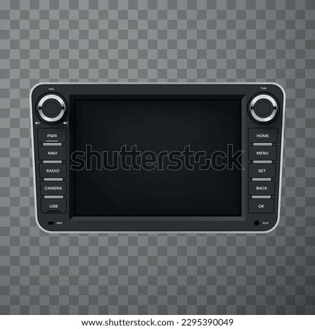 Car multimedia system digital panel control with buttons empty screen realistic vector illustration. Automobile board assistant display drive electronic information transportation dashboard technology