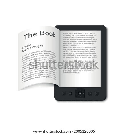E book device with open paper page electronic reading gadget literature learning realistic vector illustration. Ebook digital portable reader internet library information smart technology data display