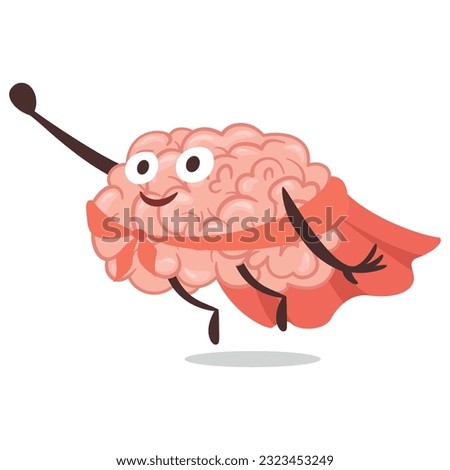 Cartoon brain superhero flying in red cloak intellectual clever character vector flat illustration. Human anatomy intelligence inspiration mental mind genius super hero organ with face hands and legs