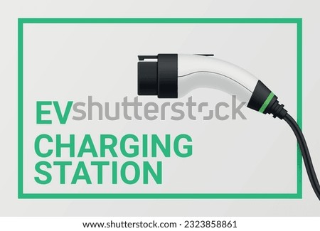 EV charging station banner automobile electric fuel hybrid vehicle charge point realistic vector illustration. Alternative ecology car refueling power energy transportation technology charger cable