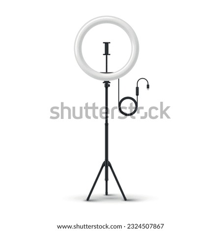 Ring light lamp studio selfie photo camera professional spotlight stand realistic vector illustration. Round floodlight with smartphone holder and button for blogger portrait video photographing shoot