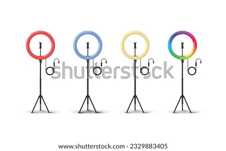 Colored ring lamps on tripod tools for selfie photo and video blogger equipment set realistic vector illustration. Neon round stand red blue yellow and multicolored illuminated circle contour light