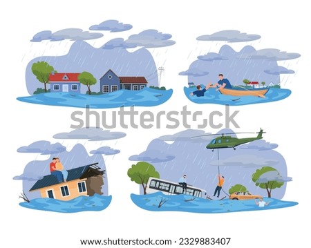 Flooding area rescuers helping to move people out disaster damage set vector flat illustration. Man and woman emergency water stream house city street rescue rain storm weather environmental distress