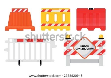 Road barriers and signs colorful traffic renovation protection rack industrial guard pointer set vector flat illustration. Highway sliding construction stop plastic wooden fence block illuminated lamp