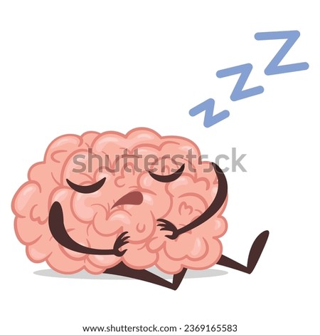 Sleeping cartoon brain character tired fatigue cute intelligence mascot vector flat illustration. Mental mind organ nighttime bedding relaxing neurology care recreation asleep exhausted nap intellect