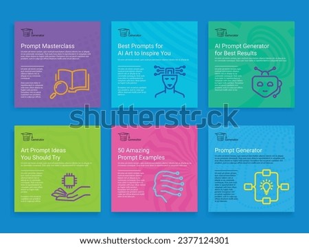 Prompt generator masterclass for art to inspire poster set with line elements vector illustration. Mental mind power genius decision creation innovation invention research process business vision