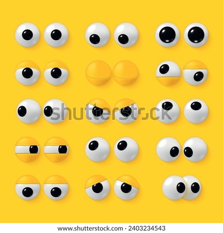 Cartoon 3d eyes toys eyeballs eyelids funny eyesight pair set realistic vector illustration. Vision pupil plaything looking cheerful comic animal humor mascot bizarre alien character face expression