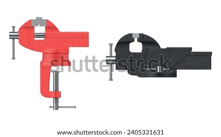 Bench vise metal red and black tool for heavy pressure side view set realistic vector illustration. Industrial steel equipment for adjustable compression with holder and handle metalwork technology