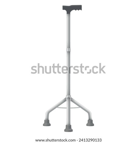 Crutch tripod healthcare medical support telescopic metal cane realistic vector illustration. Assistance balance device for physical injury rehabilitation and elderly movement aid aluminium stick