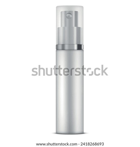 White spray bottle with plastic cap for cosmetic lotion liquid skin care mockup realistic vector illustration. Plastic can with silver decor hygiene product package cleansing moisturizing cream tube