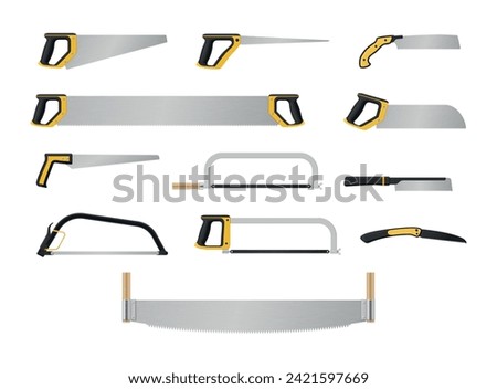 Hand saw different types handsaw sharp carpentry tool with handles set realistic vector illustration. Metallic industrial equipment with teeth for construction sawing woodwork remodeling renovation