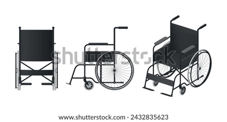 Medical wheelchair for moving patients, realistic vector illustration. Medical assistance, accessibility support, medical equipment