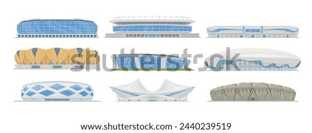 Sports stadium facade modern city arena exterior set isometric vector illustration. Contemporary architecture for sportive championship tournament international league cup match playing construction