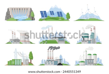 Nuclear energy thermal power plant electricity supply set isometric vector illustration. Hydroelectric station geothermal energy solar panels wind electricity. Industrial station technology