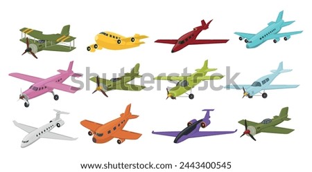 Airplane retro and modern cartoon aviation vehicle set isometric vector illustration. Plane jet flying logistics passenger cargo military and industrial air transportation winged aircraft airline