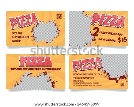 Pizza loyalty card for sale special offer design template with copy space set vector illustration. Fast food cafe cafeteria restaurant menu discount price off coupon bonus voucher promo certificate