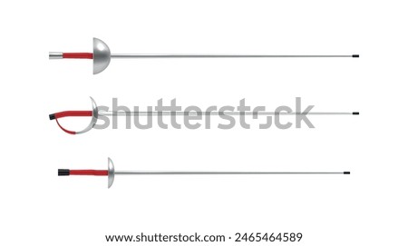 Fencing swords saber and epee with red handle different shape set realistic vector illustration. Metallic sport equipment duel competition blade arm for hobby leisure and training activity