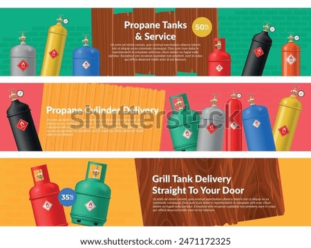 Grill propane tank delivery service sale promo banner design template set realistic vector illustration. Cooking natural gas cylinder industrial distribution discount special offer advertising