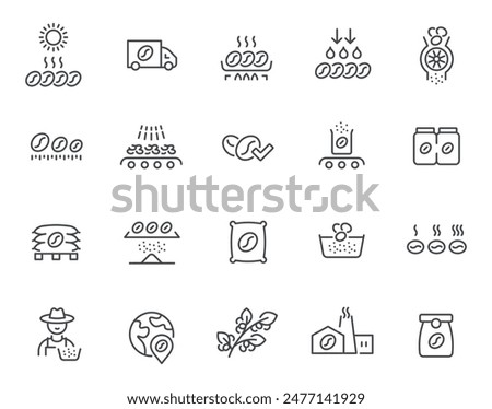 Coffee production process manufacture technology line art icon set vector illustration. Caffeine beverage food and drink ingredient harvest growing washing roasting grinding serving global retail