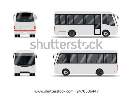 White minibus vehicle for passenger transportation intercity city travel front side back view realistic vector illustration. Van auto transport bus commuter with window commercial road trip service