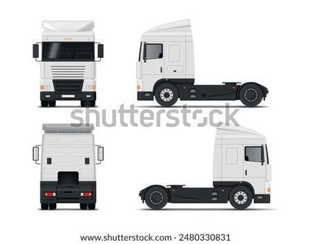 Tractor truck white freightliner for heavy logistic transportation front side back view realistic vector illustration. Cargo delivery automobile freight vehicle shipping industrial trailer loader