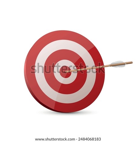 Archery target with arrow in bullseye goal achievement and efficiency realistic vector illustration. Red striped dartboard sport game win accuracy challenge success strategy business solution