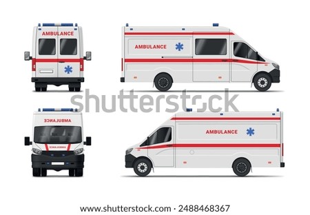 Ambulance car medical van emergency aid mock up front back side view realistic vector illustration. Medicine doctor transportation hospital lorry automobile patient rescue modern service