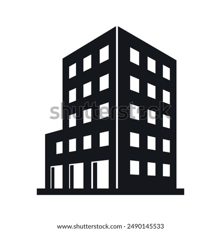 A simple, black and white icon depicting a modern office building in perspective.