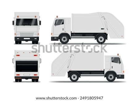 White garbage truck with frontal loader for waste collection front side view set mock up realistic vector illustration. Household and commercial junk collecting and sorting industrial service